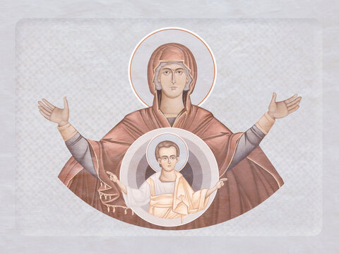 Blessed Virgin Mary and Jesus Christ. Christian illustration in Byzantine style in pastel colors