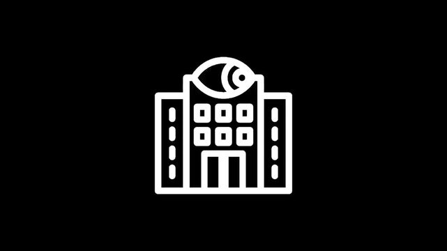Modern building icon with clean lines and minimalist design on a black background
