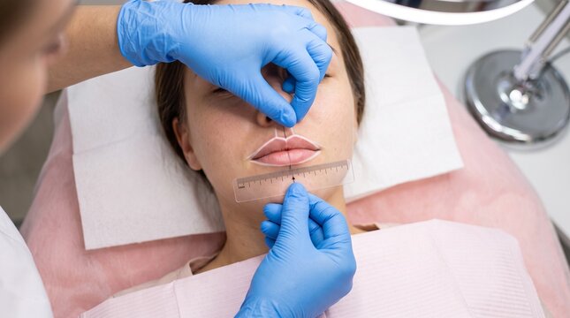 Lip symmetry measurement, technician checking mapped mouth width with disposable ruler, landscape overhead detail showing accurate alignment before tinting