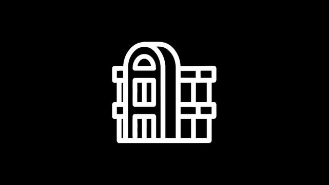 Simple white outline icon of a building with arched doorway and windows on a black background
