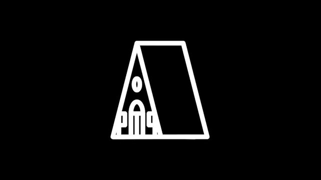 Minimalist white outline of an A-frame cabin with a door and window on a black background