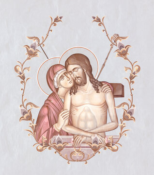 Jesus Christ King of Glory. Christian pastel illustration in Byzantine style in floral frame