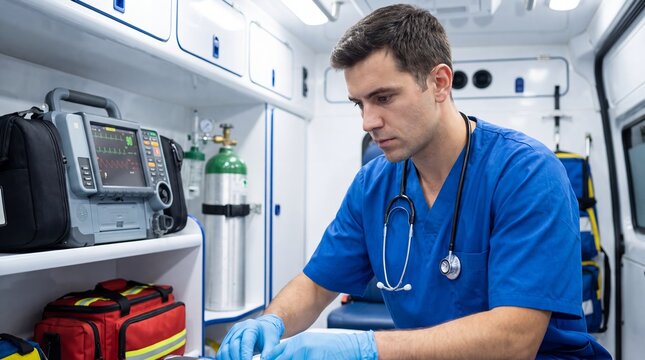 Male paramedic working inside ambulance. Professional emergency medical technician preparing medical equipment for patient care. Healthcare service, urgent rescue and life support concept.