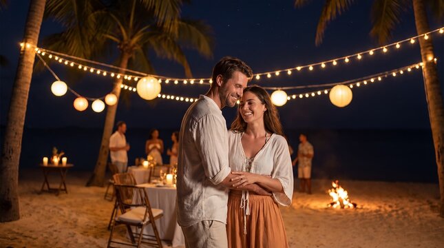 Man and woman dancing on beach at night during festive party. Couple enjoying romantic tropical dinner with string lights and bonfire. Celebration concept for vacation and holiday.