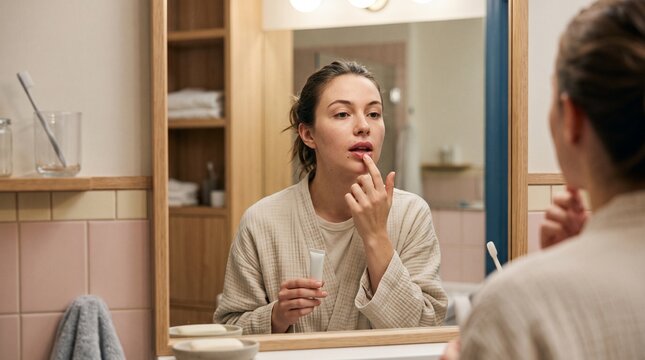 Lip tint home aftercare, young woman applying healing balm at bathroom mirror on treatment evening, vertical lifestyle scene with realistic fresh colour