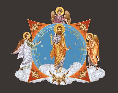 John the Baptist. Illustration in Byzantine style with angels and seraphim