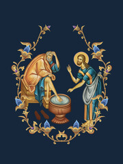 Fototapeta premium Maundy (foot washing). Decorative vintage floral illustration in Byzantine style