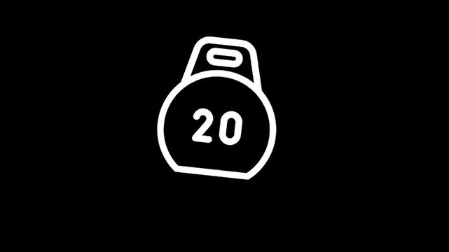 Simple white outline of a 20kg kettlebell on a black background