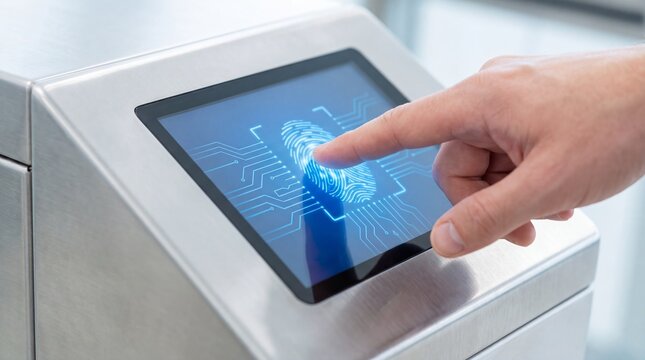 Man touching screen with biometric fingerprint scanner. Digital security identification system for access control. Innovative electronic technology for data protection and safety.