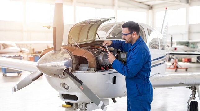 Mechanic repairing small airplane engine in hangar. Aircraft engineer using tool for maintenance. Aviation professional working on light plane. Technical inspection and repair concept.