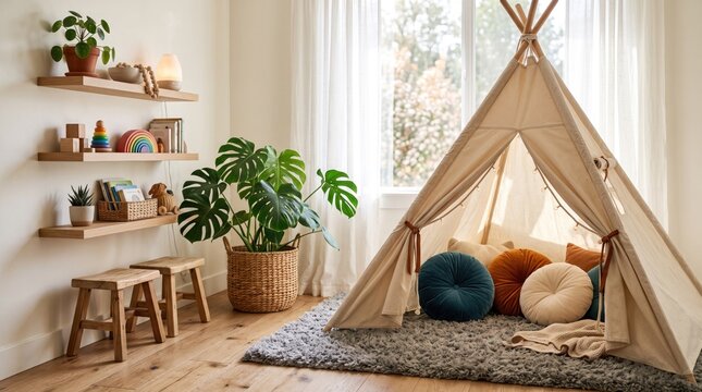 child playroom interior with teepee tent pillows play mat and soft cozy kids bedroom decor