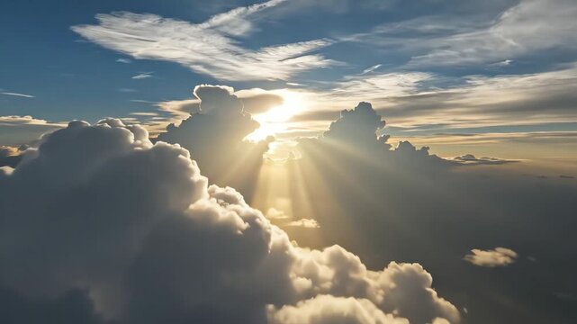 Sun rays shining through clouds in blue sky