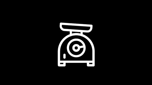 Simple white line art icon of a kitchen scale on a black background