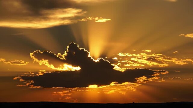 Radiant sunbeams piercing through dark clouds during a golden sunset over a peaceful landscape