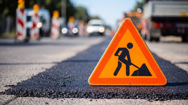 Orange road sign warning about construction work placed on fresh asphalt. Sign indicating men at work on highway renovation site. Safety signage for traffic and road infrastructure repair.
