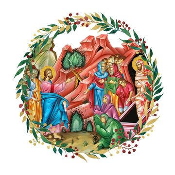 The Raising of Lazarus. Decorative vintage floral wreath, illustration in Byzantine style isolated