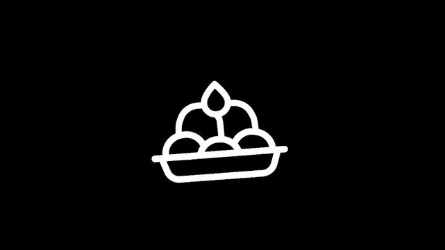 Simple line art icon of a bowl filled with round fruits and a single drop of liquid falling