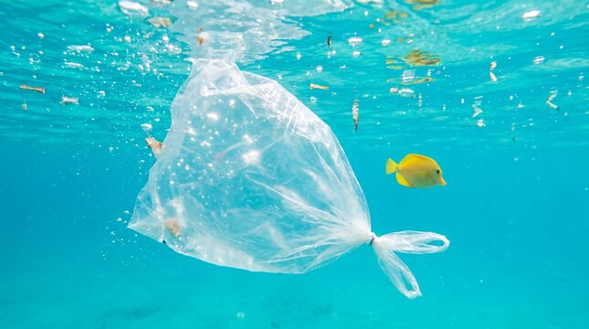 Plastic bag floating in blue ocean water near a small yellow fish. Environmental pollution of marine ecosystem. Ecological crisis and waste management concept for nature protection.
