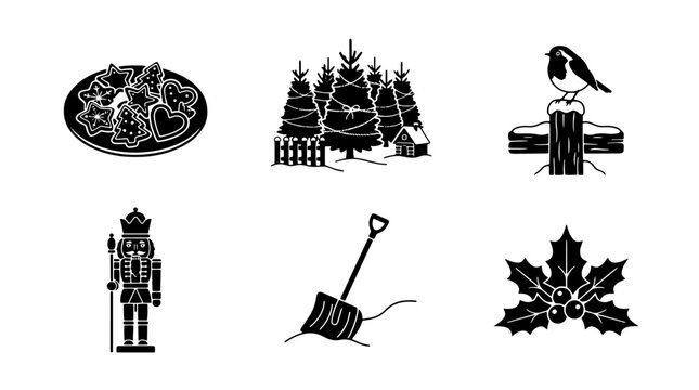 Winter Christmas icons set, black silhouette holiday vector elements, festive nutcracker and holly berry illustrations, seasonal winter graphics isolated on Transparent Background