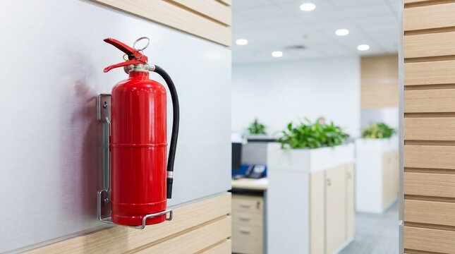 Red fire extinguisher mounted on wall in office. Safety equipment for building protection against fire hazard. Emergency tool for workplace fire prevention and building code compliance.