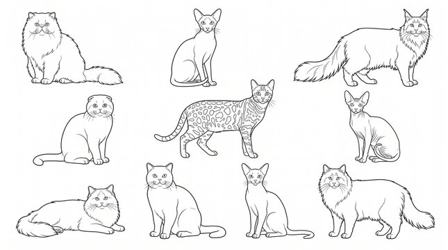 Minimalist cat breed line art collection, set of 10 feline contour illustrations, black and white pet sketches for coloring and design isolated PNG with Transparent Background