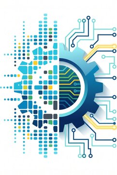 Digital gear concept with circuit board patterns, industrial automation technology icon, blue data processing and engineering symbol isolated PNG with Transparent Background