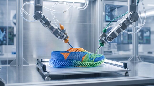 Robotic arms printing colorful shoe in automated factory. Modern 3D printer manufacturing footwear component. Industrial additive technology for footwear design and production innovation.