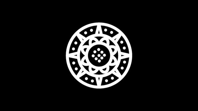 Stylized Aztec sun stone symbol with intricate geometric patterns and dots on black background