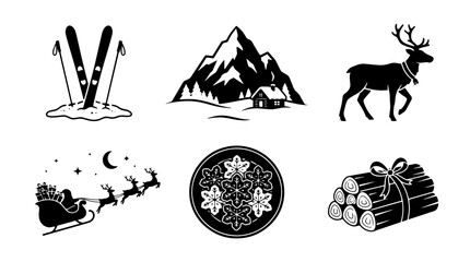 Obraz premium Vintage winter holiday icons set, black and white Christmas vector illustrations, rustic mountain cabin and reindeer silhouettes, 6 seasonal elements isolated on Transparent Background