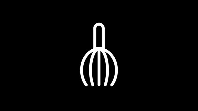 Simple white line icon of a whisk on a black background, minimalist kitchen tool