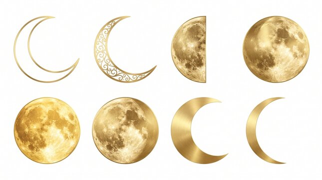 Golden moon phases collection, elegant celestial lunar cycle set, 8 decorative gold moon icons for mystical design isolated PNG with Transparent Background