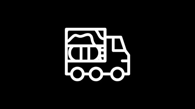 White line art icon of a truck carrying a load of dirt or soil on a black background