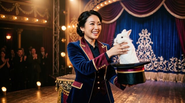 Magician performs a classic rabbit from hat trick on stage with audience watching
