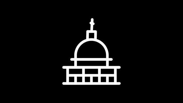 Stylized white line art icon of a dome building with a cross on top against a black background