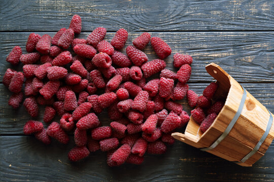 Fresh organic raspberries on wooden table background, food blogging, healthy eating concepts, and seasonal summer harvest themes. Small Farm food
