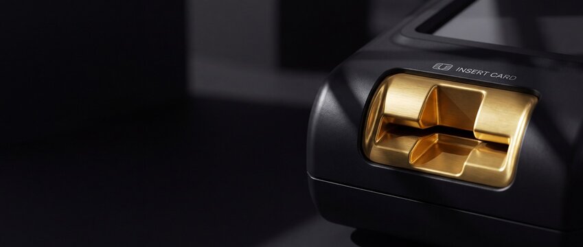 Modern credit card reader terminal with golden slot for chip insertion featuring insert card text and icon on black matte finish.
