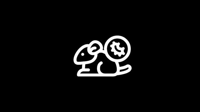 White line art icon of a mouse with a virus symbol on a black background