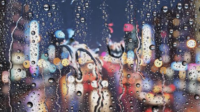 Raindrops on glass window with colorful bokeh city lights and night traffic reflections