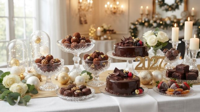 Elegant New Year's Eve chocolate dessert spread with festive decorations and the year 2027