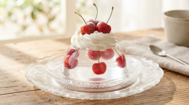 Delicate cherry jelly dessert topped with whipped cream and fresh cherries