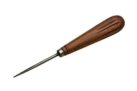 Vintage scratch awl or bradawl hand tool with wooden handle, isolated on transparent background