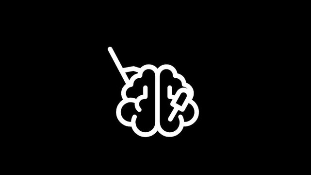 White outline of a brain with a pointer and a lightbulb on a black background