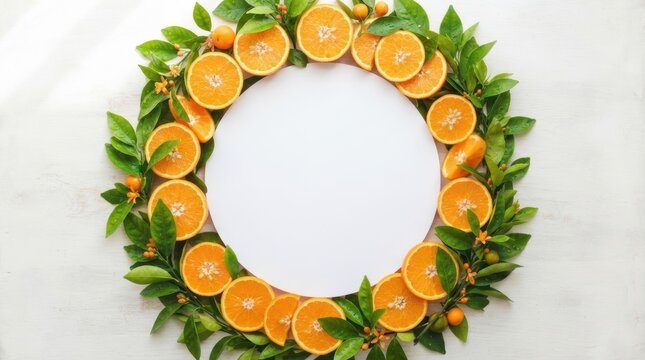 Fresh citrus fruit slices and leaves arranged in a circular border with copy space