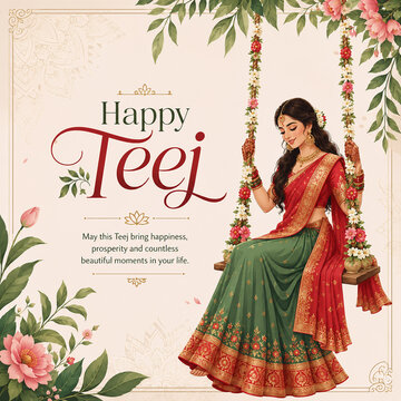 Traditional Teej Festival Celebration Graphic Design Template for Greeting Card, Social Media Post, Banner and Promotional Artwork