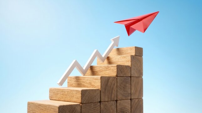 Red paper plane flying above wooden block staircase success concept