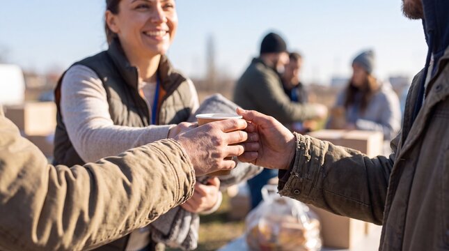 Volunteer woman giving cup of hot drink to man in need. Charity work at food bank and social support center. Helping homeless and refugee with meal donation outdoors, humanitarian aid.