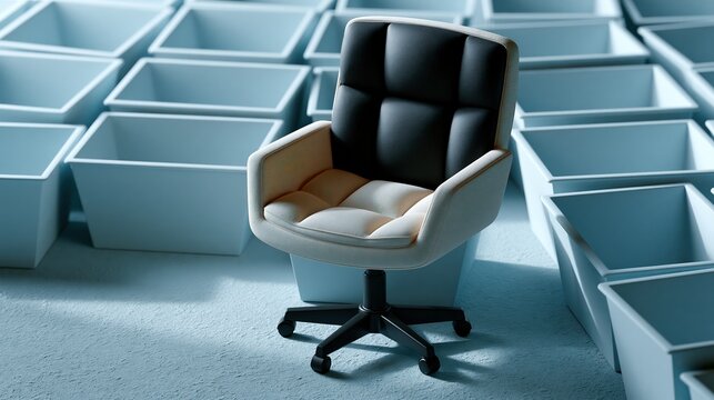 Executive chair surrounded by multiple blank inbox trays in blue - gray studio setting