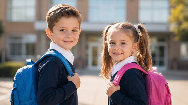 Frst day school concept photo: Portrait of two happy elementary school students, a boy and a girl in uniforms with backpacks, smiling on their first day outside the school building