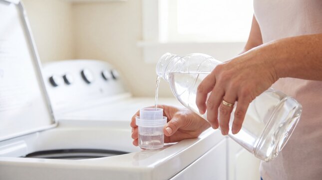 Woman pouring liquid detergent into measuring cup near washing machine. Housewife doing laundry at home. Household chore, clothes cleaning process, domestic maintenance and fabric care.