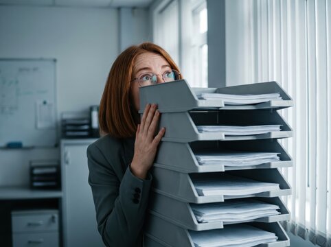 Woman peeking over stack of overflowing document trays in office, paperwork overload